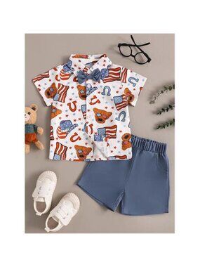 Children's American Flag Print Bow Tie Shirt & Shorts Set